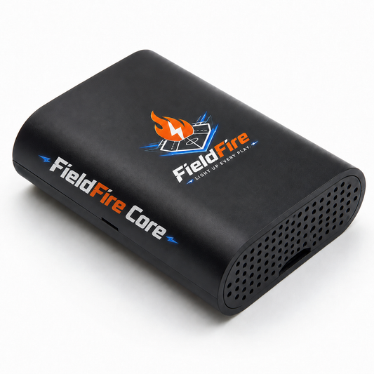 FieldFire Core controller hardware for browser-based scoring, audio, and display control; no display included.
